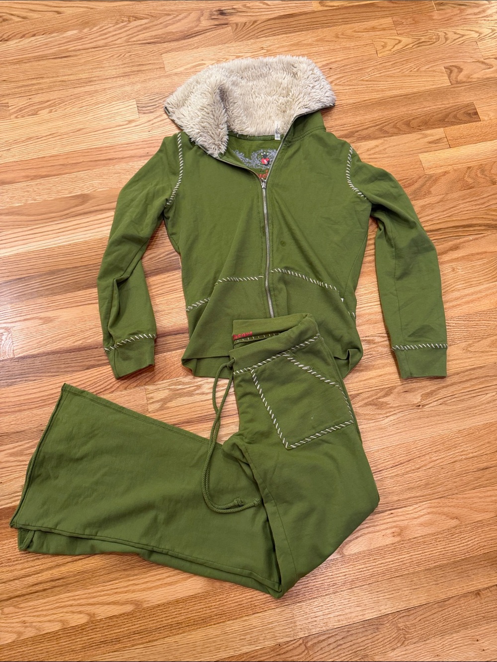 TWISTED HEART Olive Green Flared Jumpsuit with Faux-Shearling Collar